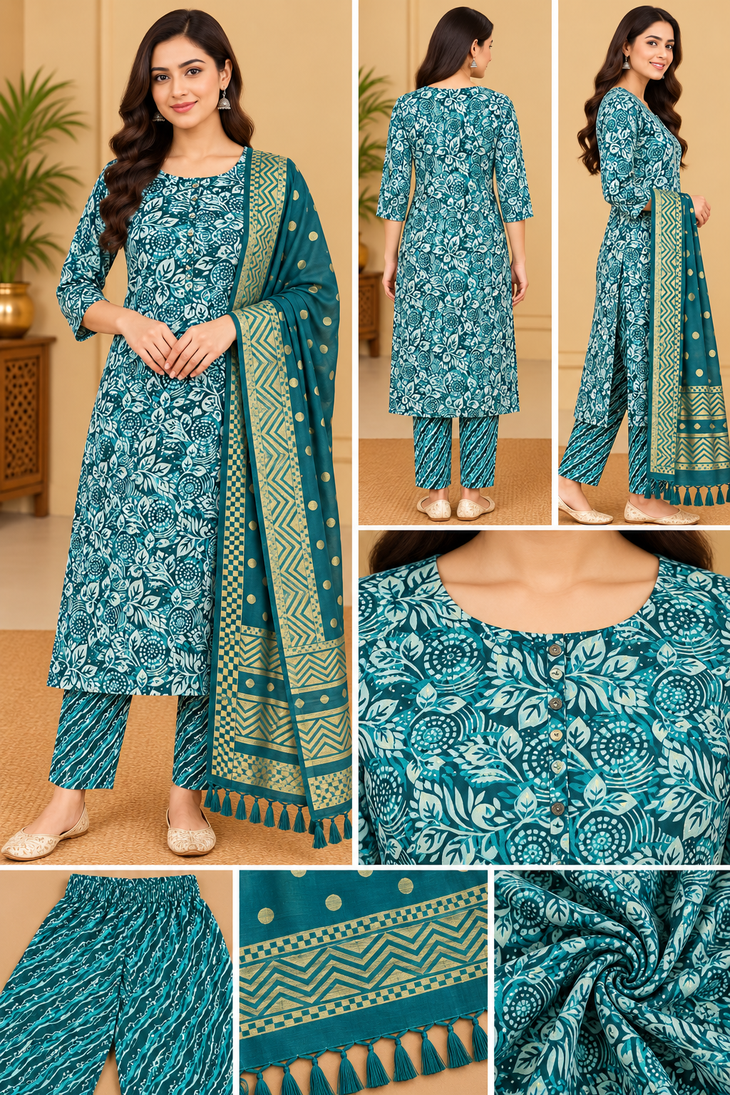 Women's Teal Green Floral Printed Kurta Pant Set with Gold Printed Dupatta