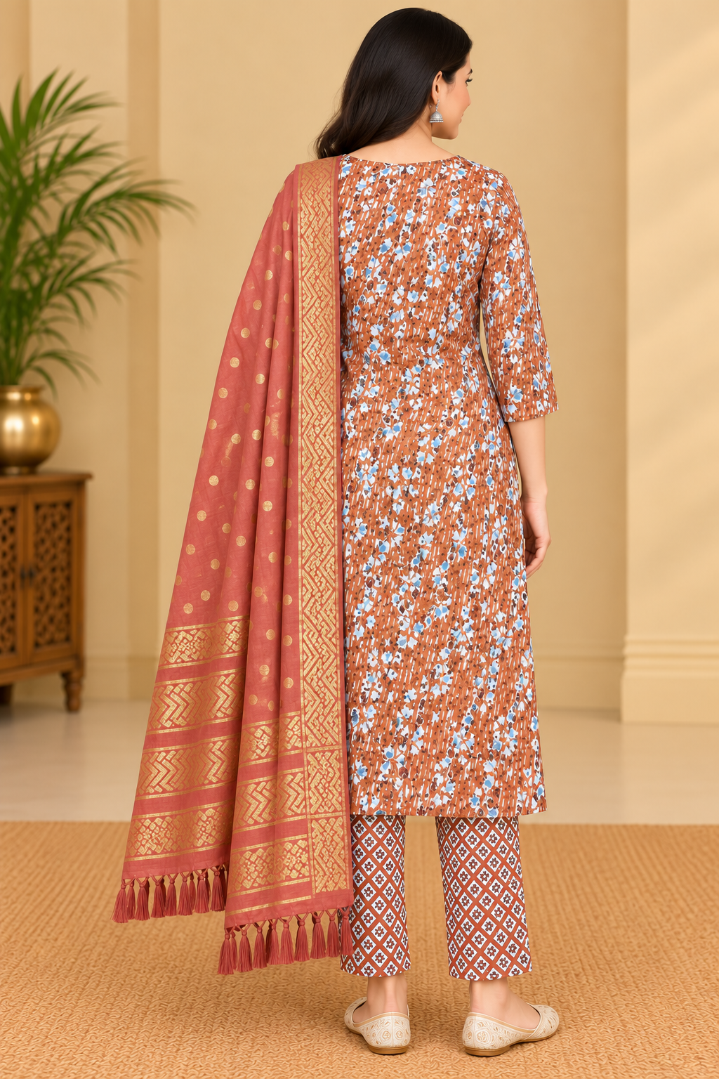 Women's Rust Brown Floral Printed Kurta Pant Set with Peach Gold Printed Dupatta Thumbnail