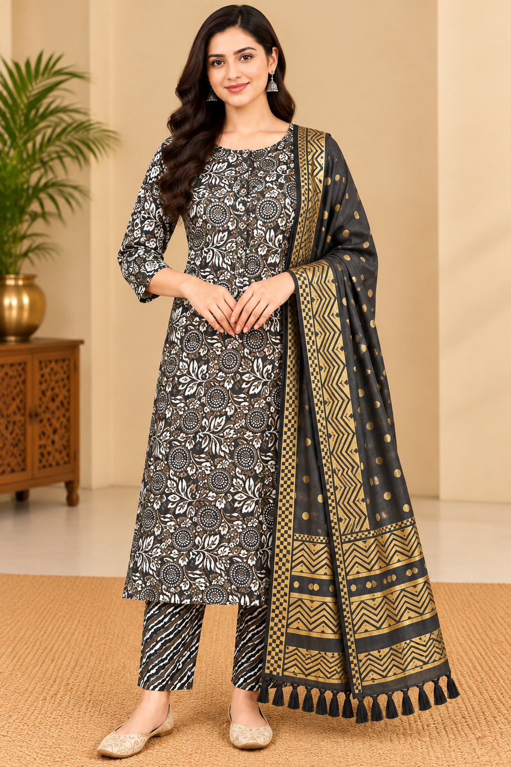 Women's Black & White Floral Printed Kurta Pant Set with Black & Gold Dupatta Thumbnail