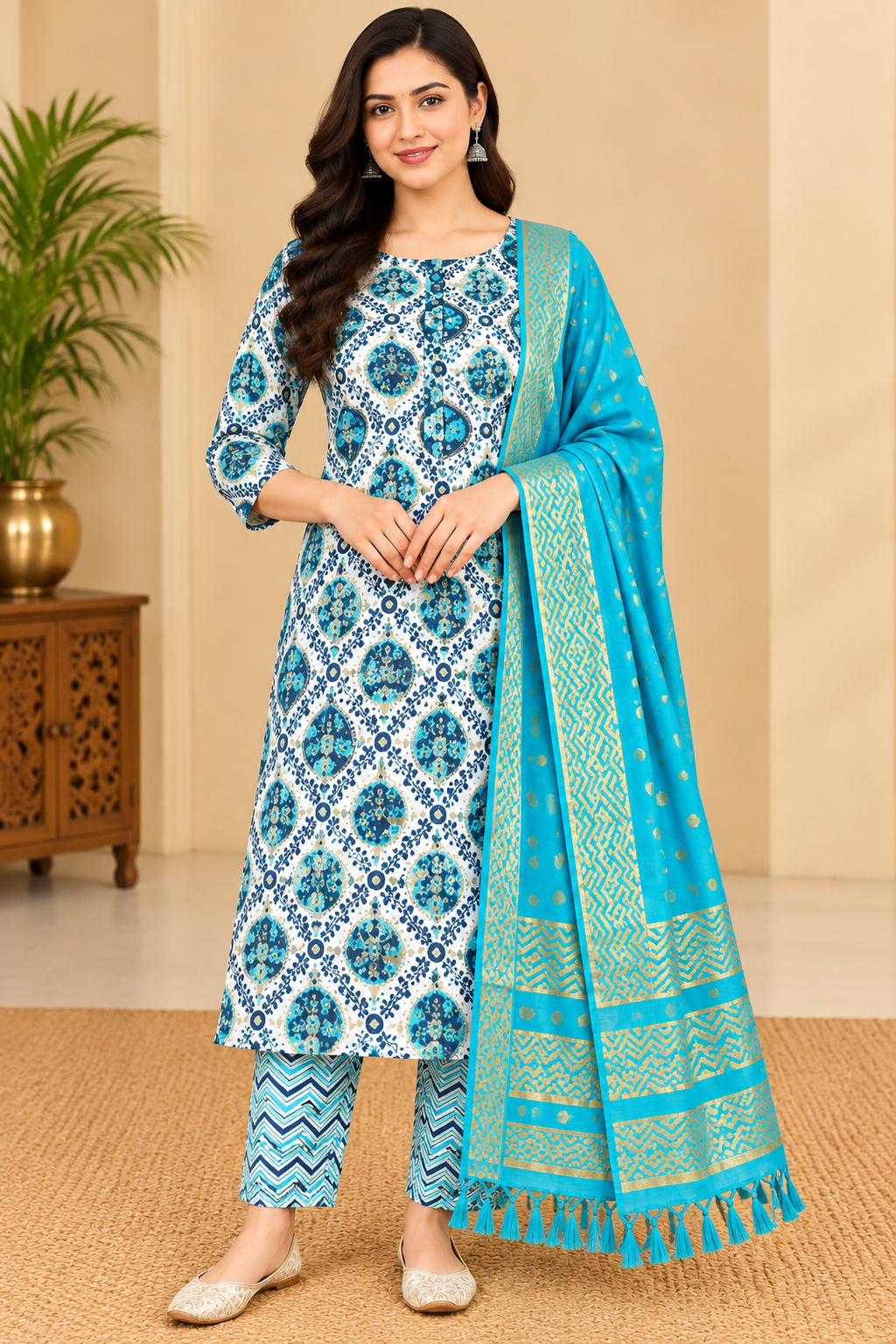 Women's Sky Blue & Turquoise Floral Printed Kurta Pant Set with Golden Zari Dupatta Thumbnail