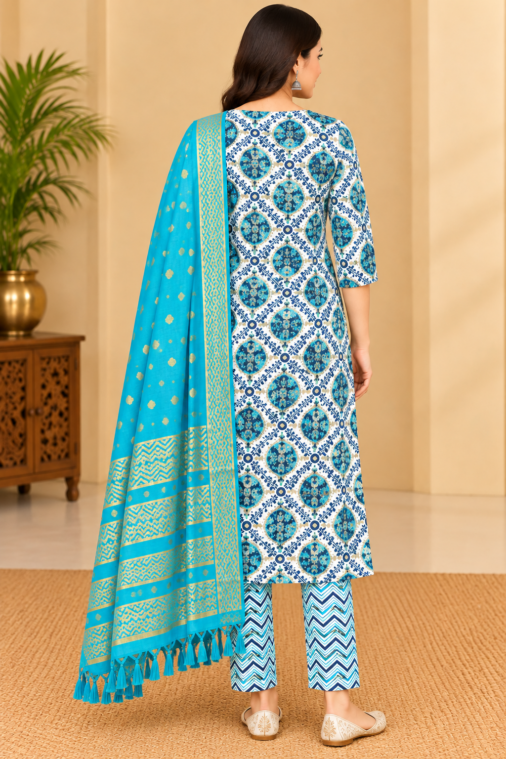 Women's Sky Blue & Turquoise Floral Printed Kurta Pant Set with Golden Zari Dupatta Thumbnail