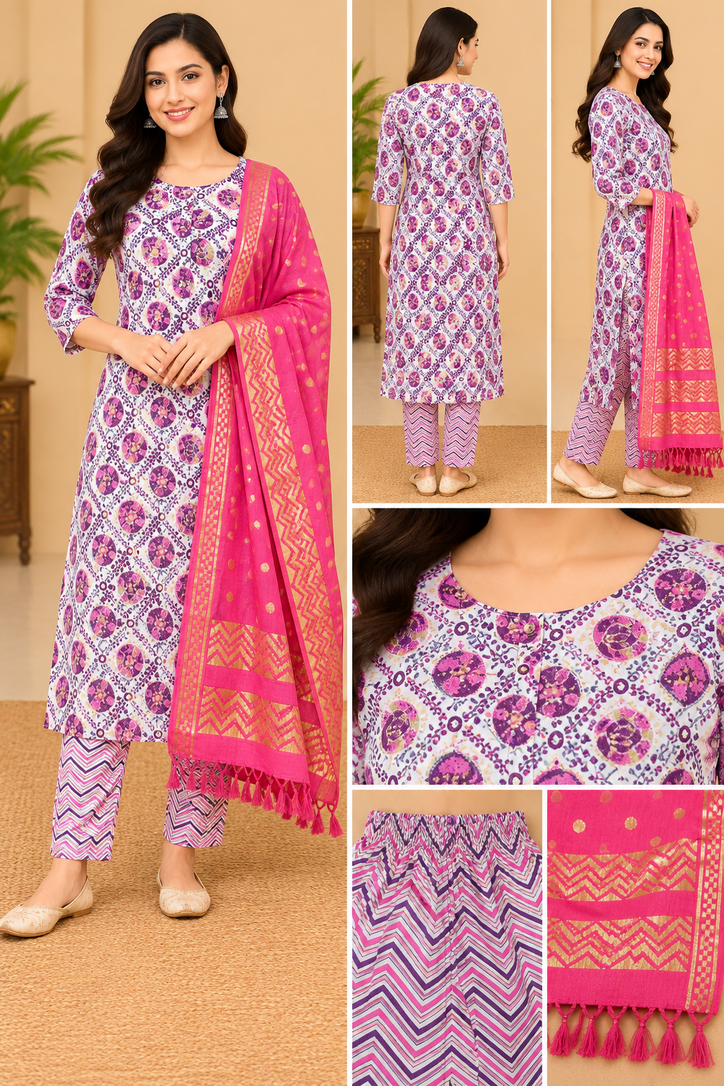 Women's White & Purple Floral Printed Kurta Pant Set with Pink Dupatta Thumbnail