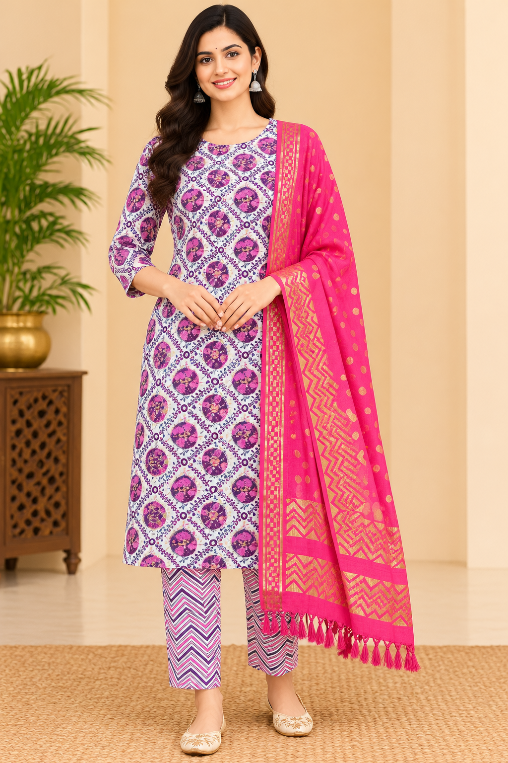 Women's White & Purple Floral Printed Kurta Pant Set with Pink Dupatta Thumbnail