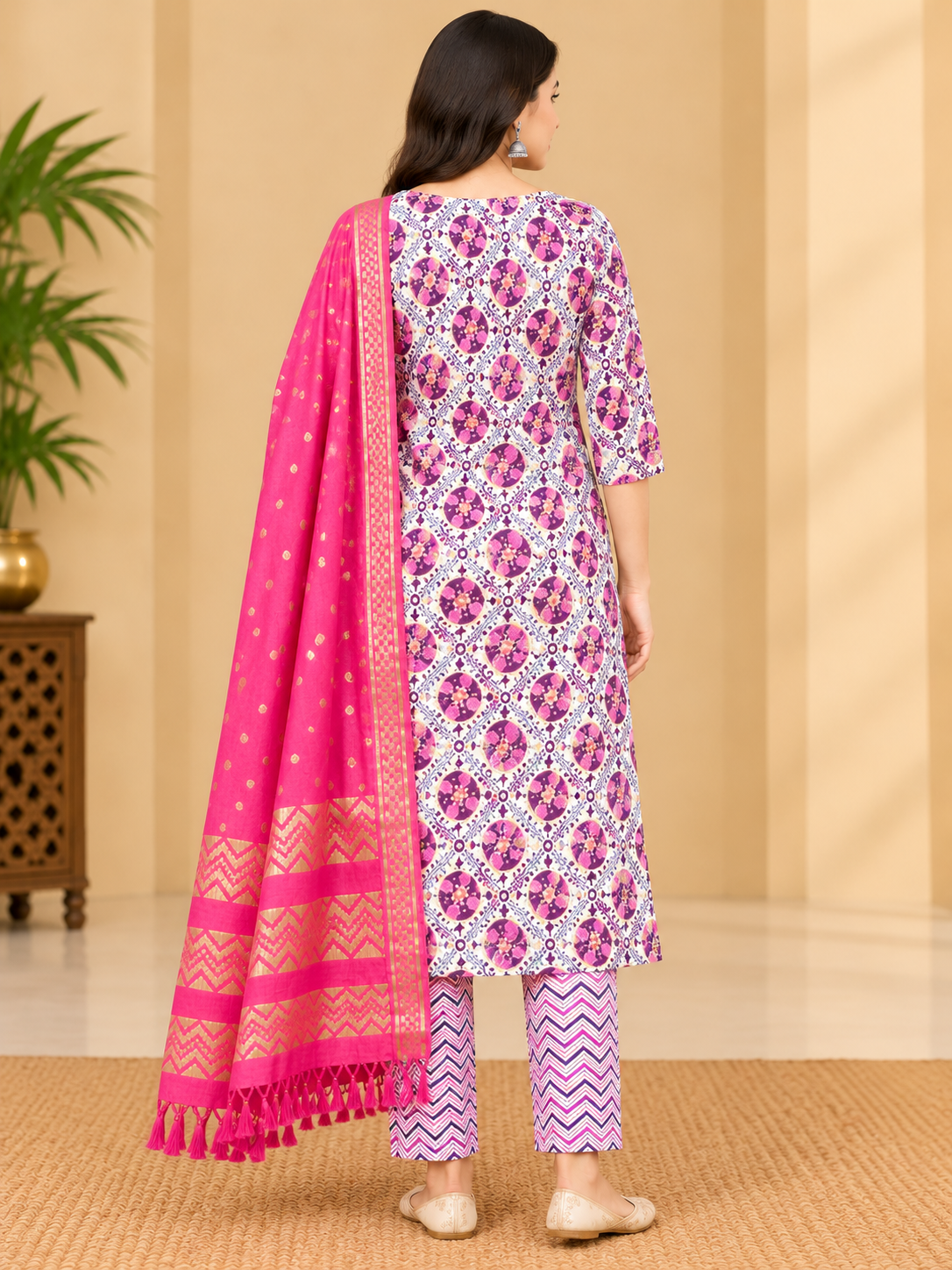 Women's White & Purple Floral Printed Kurta Pant Set with Pink Dupatta Thumbnail