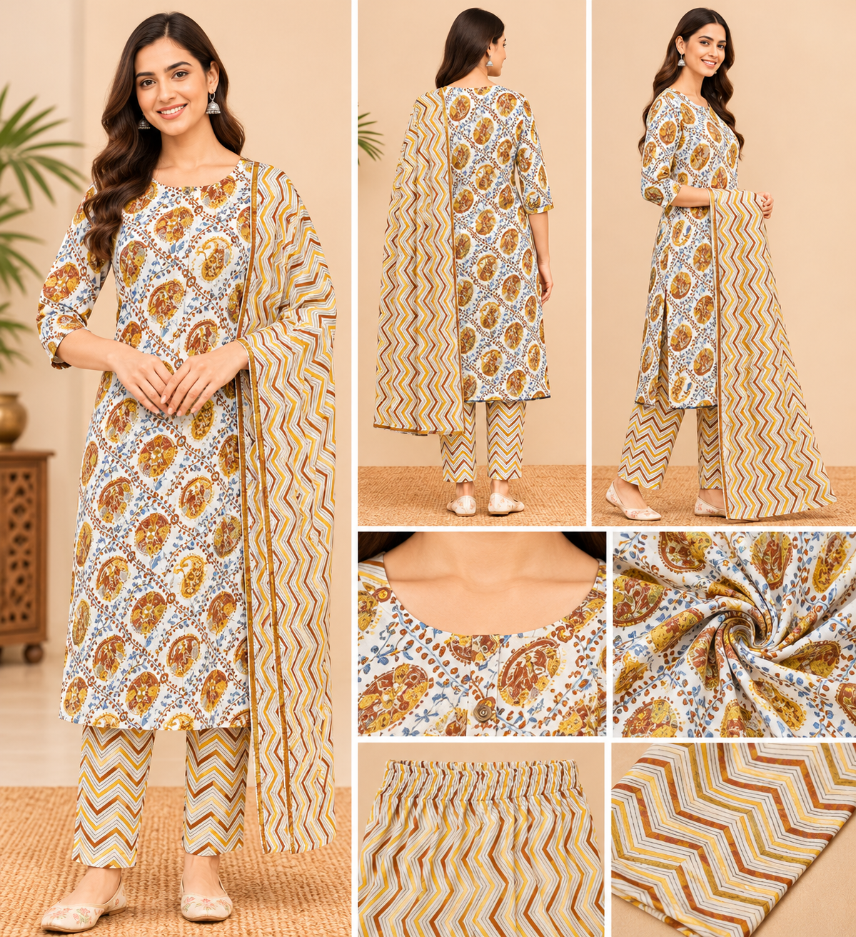 Women's Cream & Mustard Paisley Printed Kurta Pant Set with Dupatta