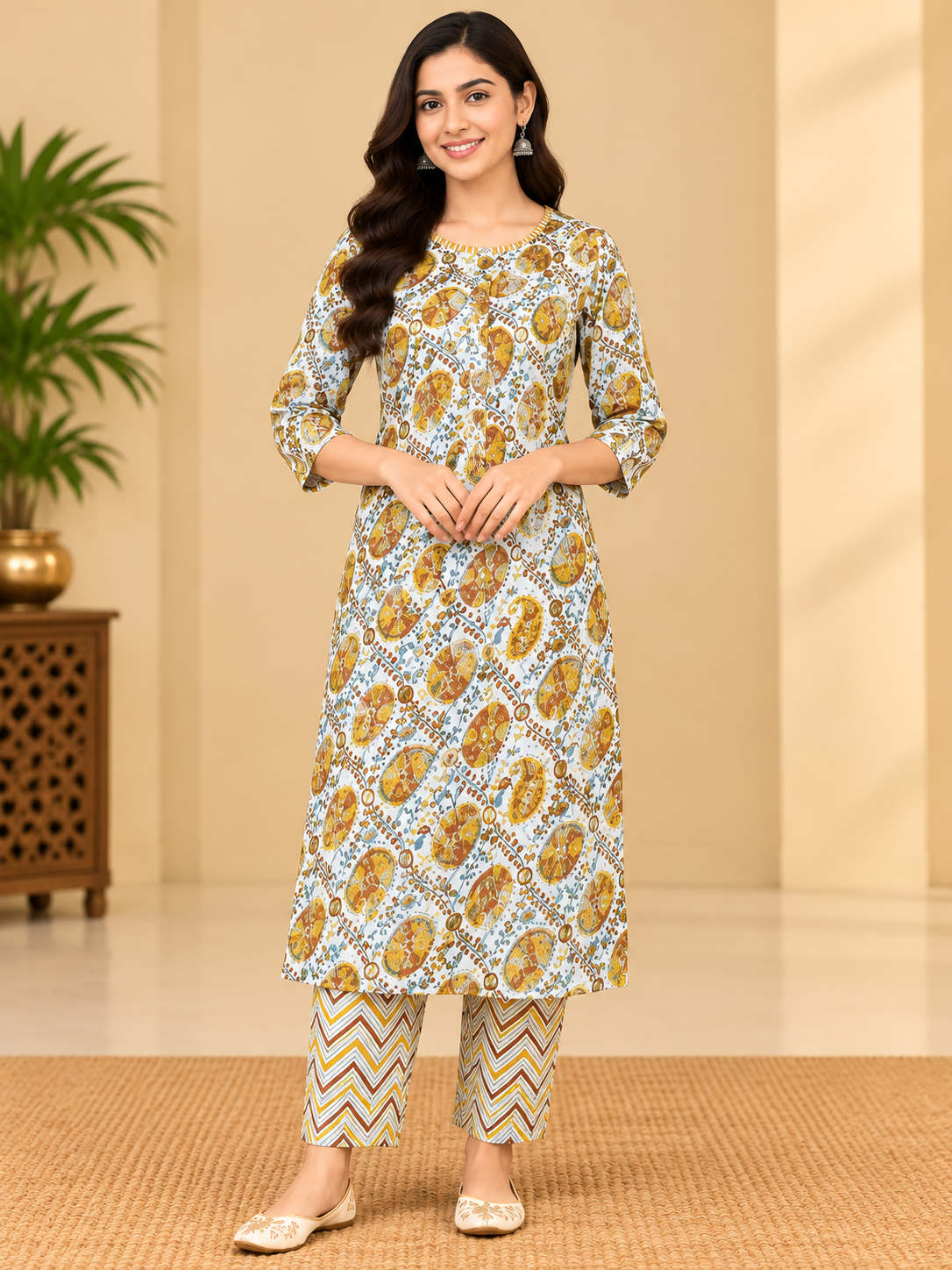 Women's Cream & Mustard Paisley Printed Kurta Pant Set with Dupatta Thumbnail