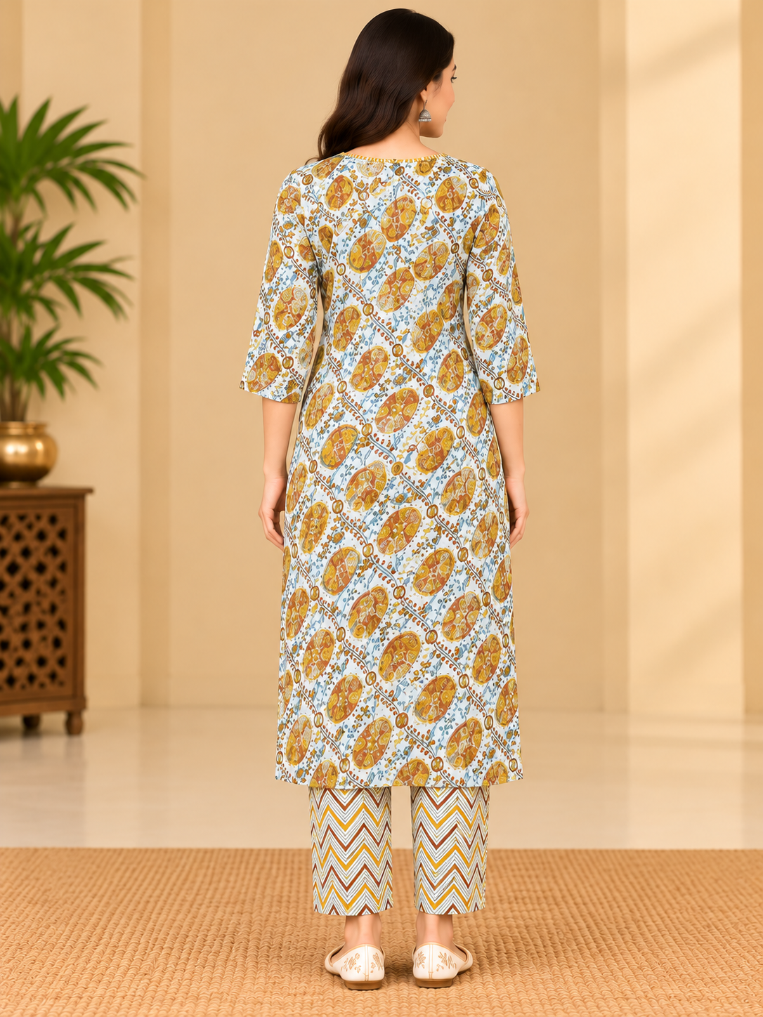 Women's Cream & Mustard Paisley Printed Kurta Pant Set with Dupatta Thumbnail