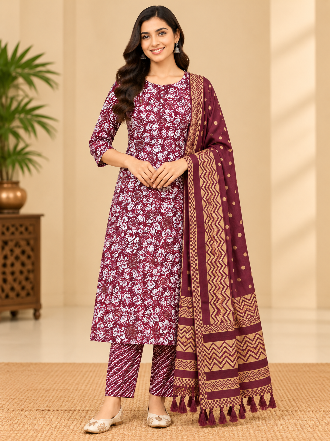 Maroon Floral Printed Kurta Pant Set with Dupatta for Women Thumbnail