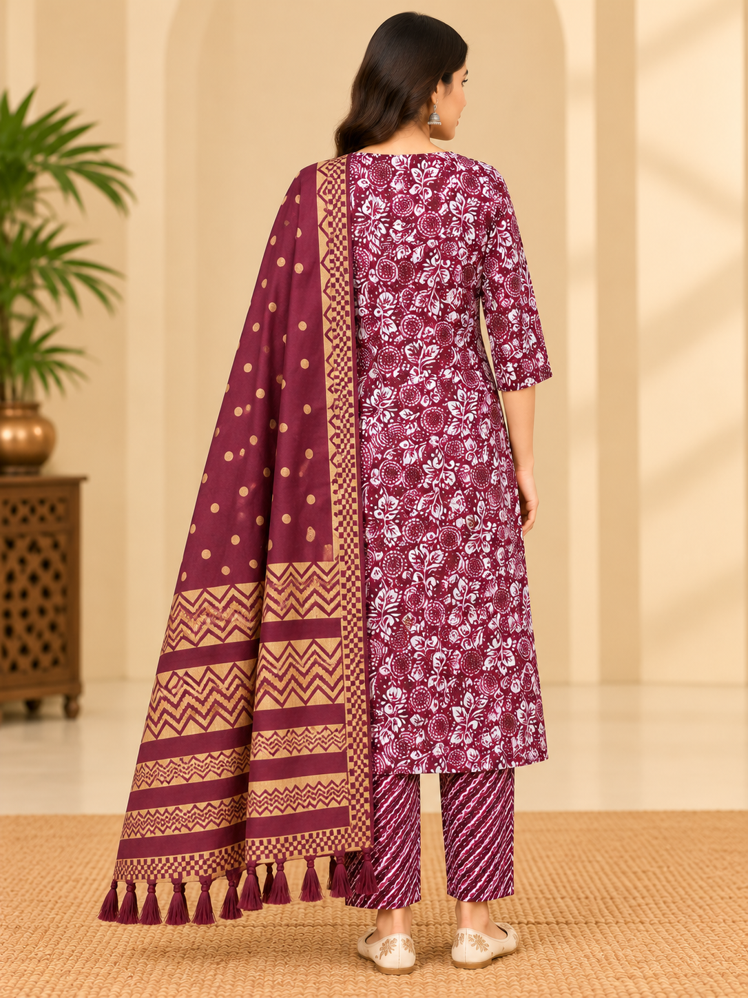 Maroon Floral Printed Kurta Pant Set with Dupatta for Women Thumbnail