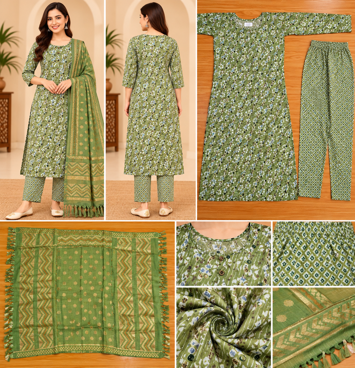 Women's Olive Green Printed Kurta Pant Set with Dupatta Thumbnail