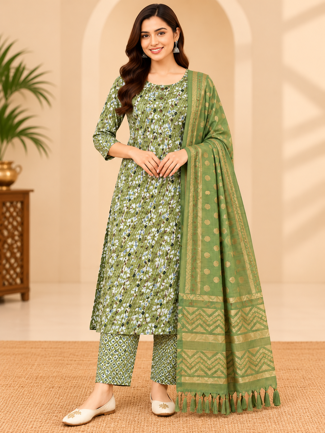 Women's Olive Green Printed Kurta Pant Set with Dupatta Thumbnail