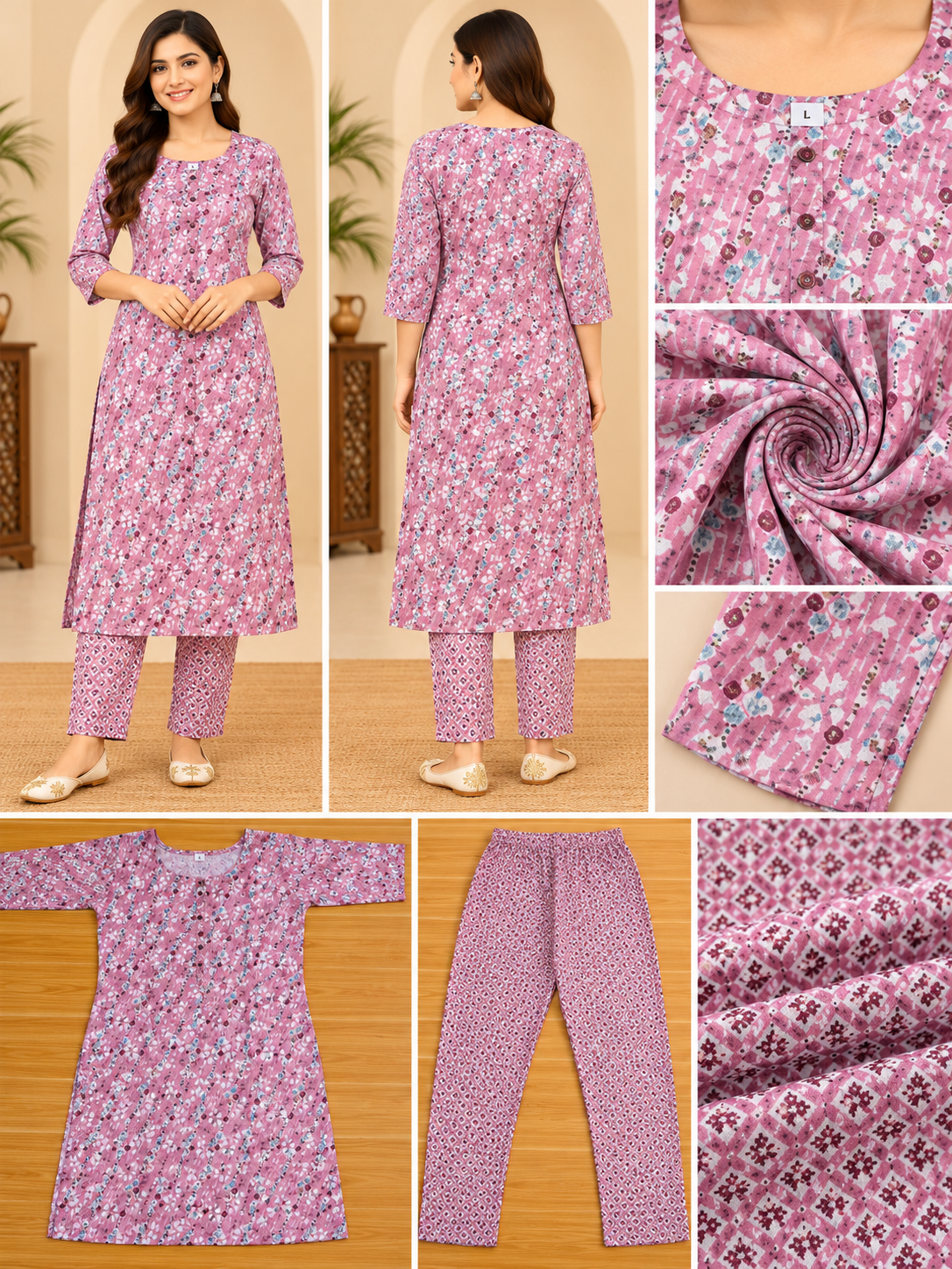 Dusty Pink Floral Printed Kurta Pant Set for Women