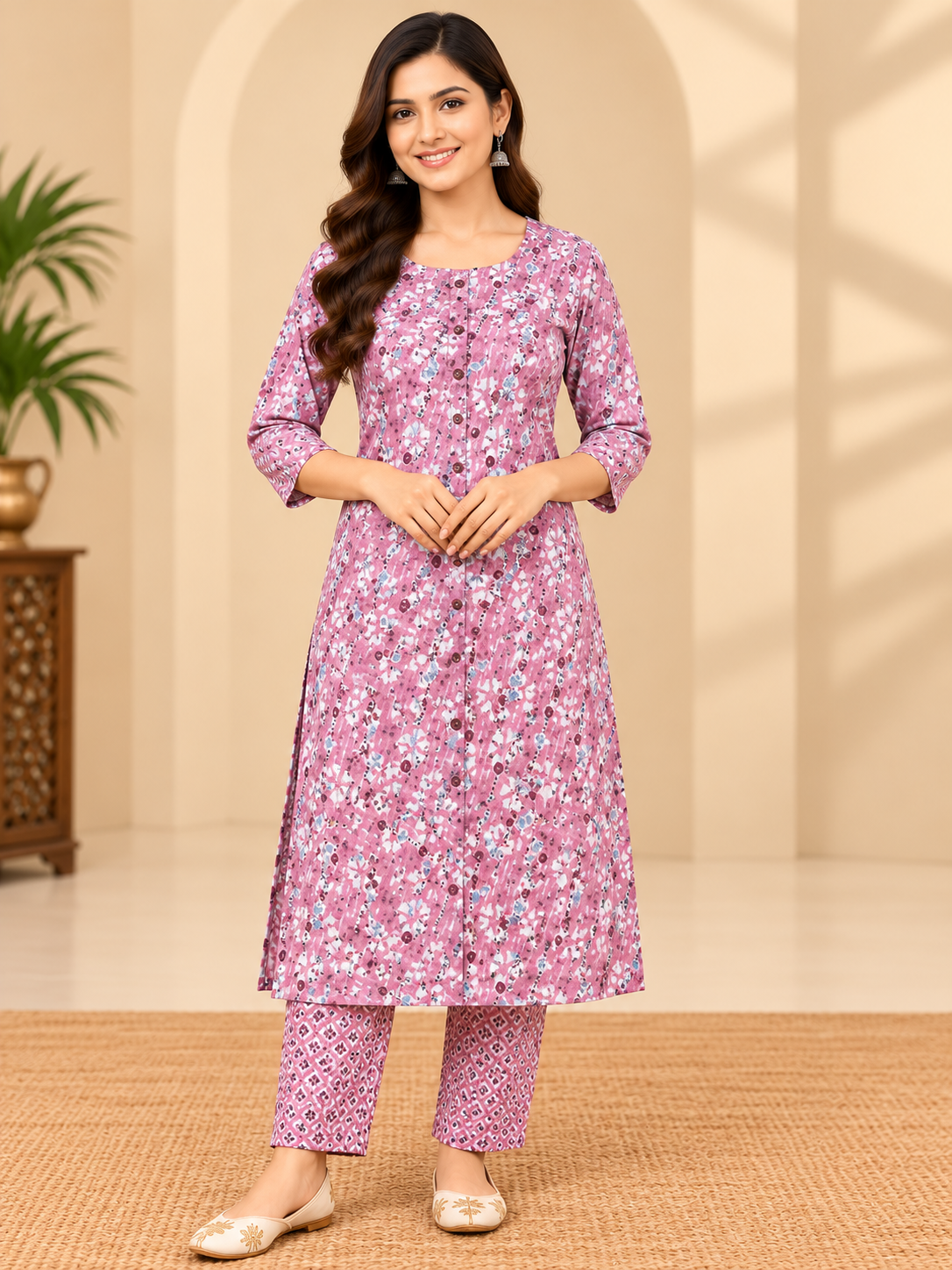 Dusty Pink Floral Printed Kurta Pant Set for Women Thumbnail