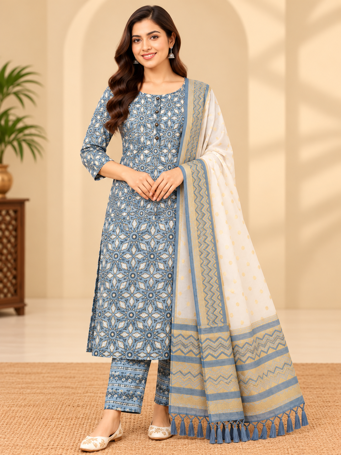 Slate Blue Printed Kurta Pant Set with Dupatta for Women Thumbnail