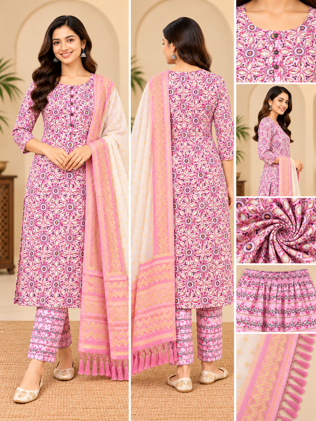 Pink Printed Kurta Pant Set with Dupatta for Women Thumbnail