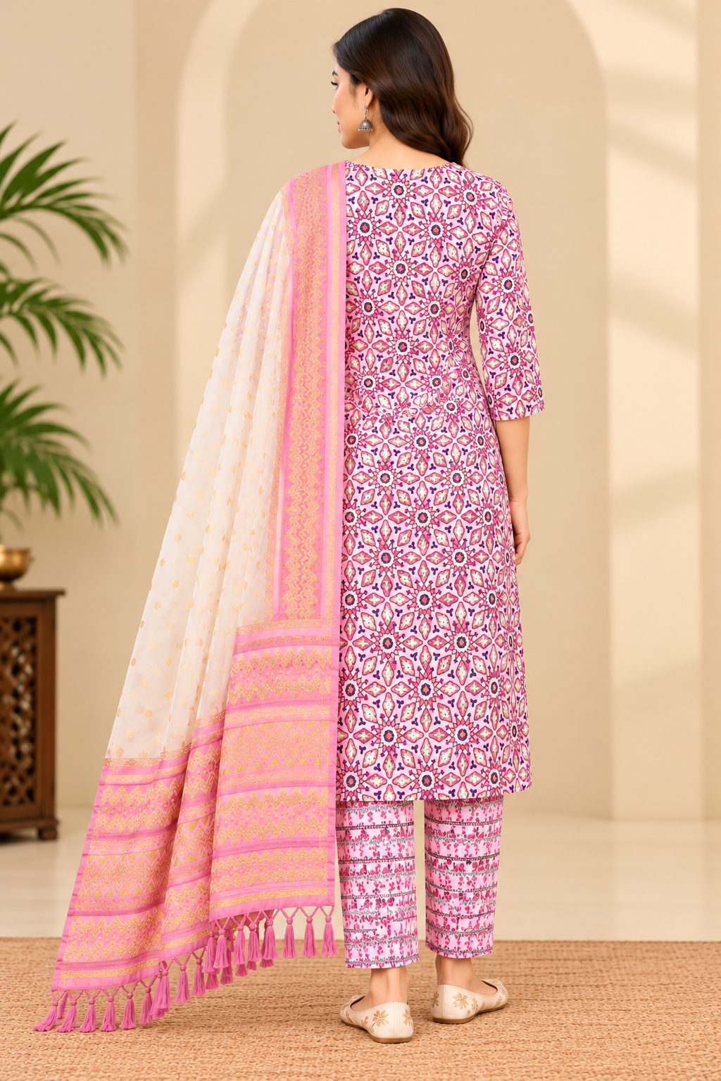 Pink Printed Kurta Pant Set with Dupatta for Women Thumbnail