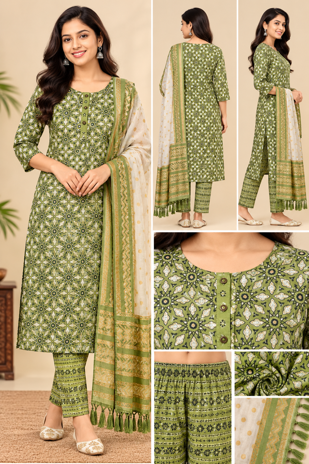 Olive Green Printed Kurta Pant Set with Dupatta for Women