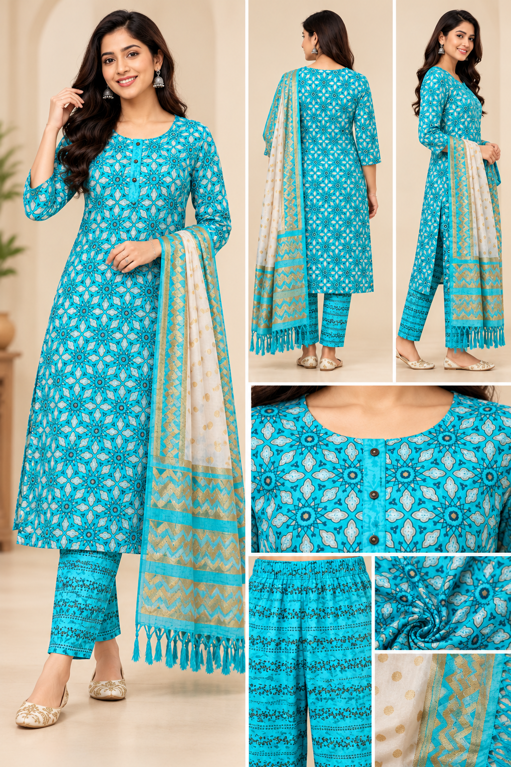 Turquoise Blue Printed Kurta Pant Set with Dupatta for Women Thumbnail