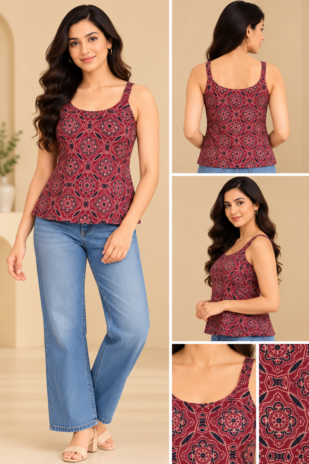 Women’s Maroon Ajrakh Printed Sleeveless Top | Traditional Ethnic Floral Print Thumbnail